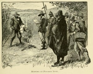black and white etching of men dressed in 1700s garb burning a book titled Burning of Pynchon Book from an old book